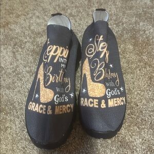 Black Slip-On Shoes with Gold Graphic